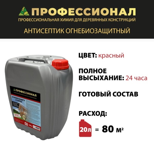 картинка Огнебиозащита ПРОФЕССИОНАЛ высшая 1 гр. защиты, готовый состав 20л красный от магазина Румлес