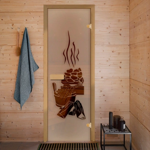 картинка Дверь из стекла бронза 690*1890мм (толщина 6мм) "Сауна" хвойная коробка, оливковые петли от магазина Румлес