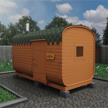 картинка Баня-бочка Комплектация ЦЕЛИТЕЛЬ 4м  Два отделения Планировка 2 (цвет Имбирь, лента нерж.) от магазина Румлес