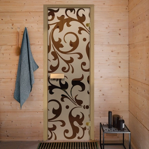 картинка Дверь из стекла бронза 690*1890мм (толщина 6мм) "Версаль" хвойная коробка, оливковые петли от магазина Румлес