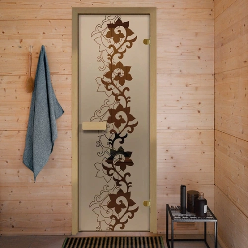 картинка Дверь из стекла бронза 690*1890мм (толщина 6мм) "Чайный декор" хвойная коробка, оливковые петли от магазина Румлес