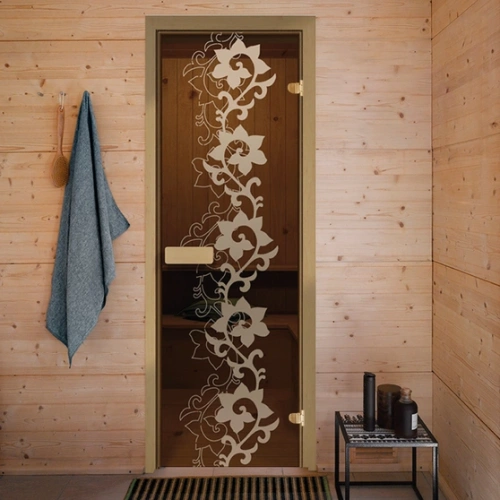 картинка Дверь из стекла бронза 690*1890мм (толщина 6мм) "Камелия" хвойная коробка, оливковые петли от магазина Румлес