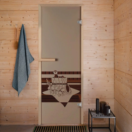 картинка Дверь из стекла бронза 690*1890мм (толщина 6мм) "Банный вечер" хвойная коробка, петли серые от магазина Румлес