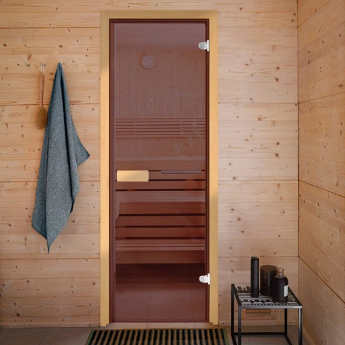 картинка Дверь из стекла бронза 690*1790мм (толщина 6мм) хвойная коробка, петли серые от магазина Румлес