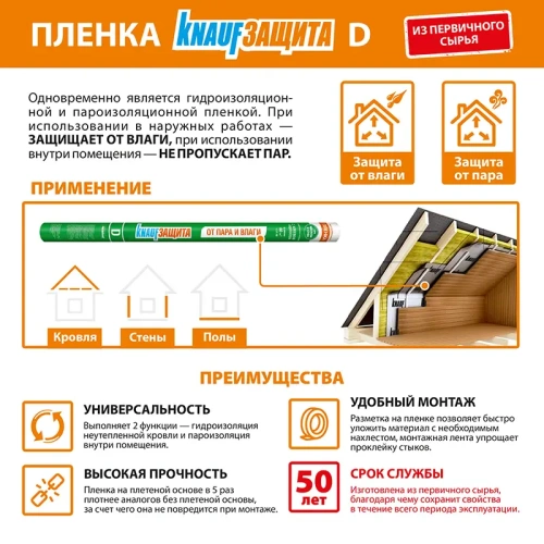 картинка Пленка гидро-пароизоляционная KNAUF Защита D (S60м², P90г/м²) от магазина Румлес