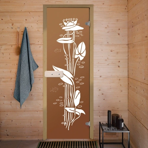 картинка Дверь из стекла бронза 690*1890мм (толщина 8мм) "Лотос" лиственная коробка, хром петли от магазина Румлес