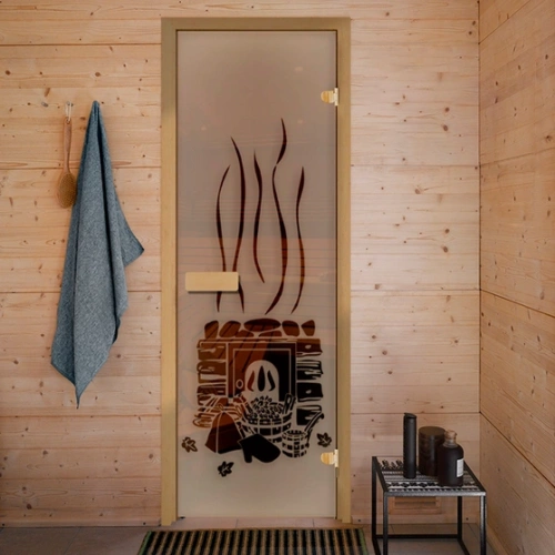 картинка Дверь из стекла бронза 690*1890мм (толщина 6мм) "Банька с шапкой" хвойная коробка, оливковые петли от магазина Румлес